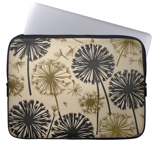 Funda Para Portátil Floral Black and Gold Dandelions (Frente)