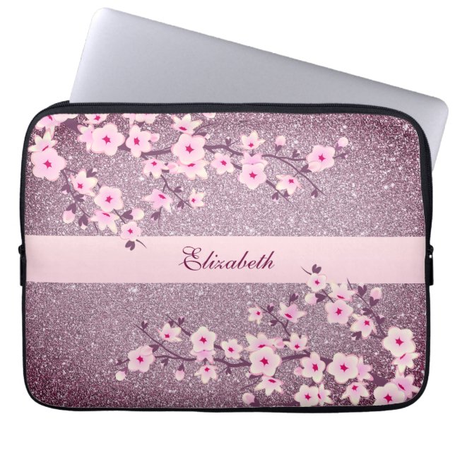 Funda Para Portátil Floral Cherry Blossom Mauve Bling Monogram  (Frente)