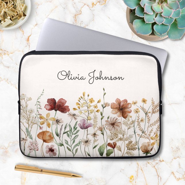 Funda Para Portátil Floral de acuarela silvestre personalizada (In situ)