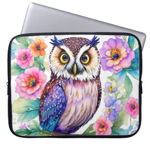 Funda Para Portátil Floral de búho acuarela artística