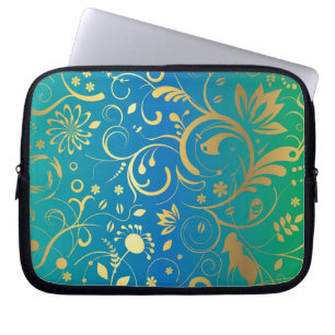 Funda Para Portátil Floral dorada sobre gradiente verde y azul