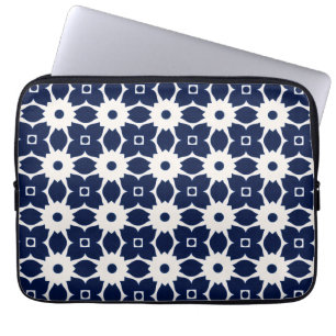 Funda Para Portátil Floral geométrica azul y blanca de la marina