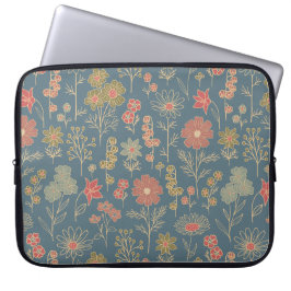 Funda Para Portátil Floral moderna de denim azul y coral