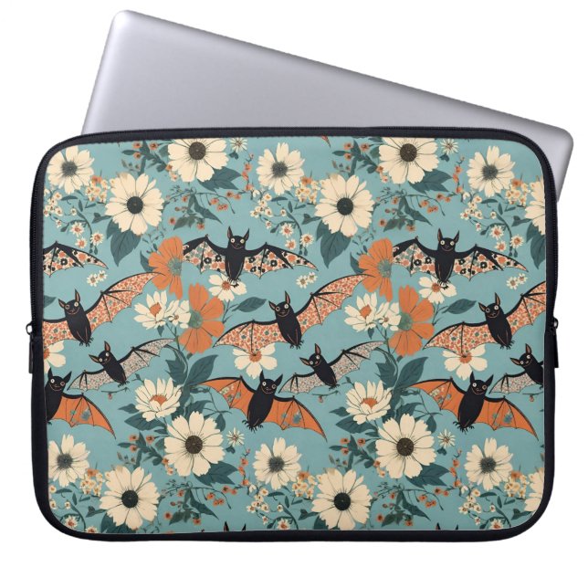 Funda Para Portátil Floral Patchwork Halloween Bats & Flowers (Frente)