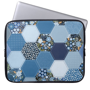 Funda Para Portátil Floral, retazos denim: patrón azul.