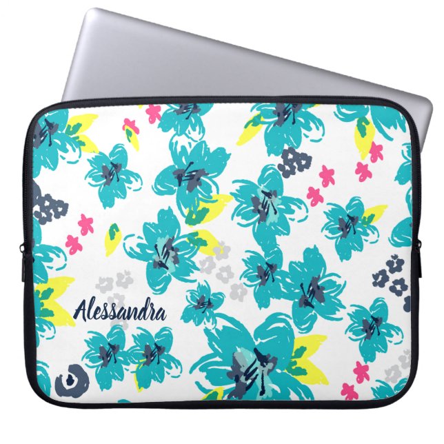Funda Para Portátil Floral tropical personalizada Verde azulada y rosa (Frente)