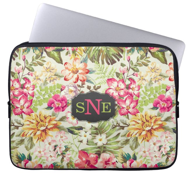 Funda Para Portátil Floral tropical rosa y verde (Frente)