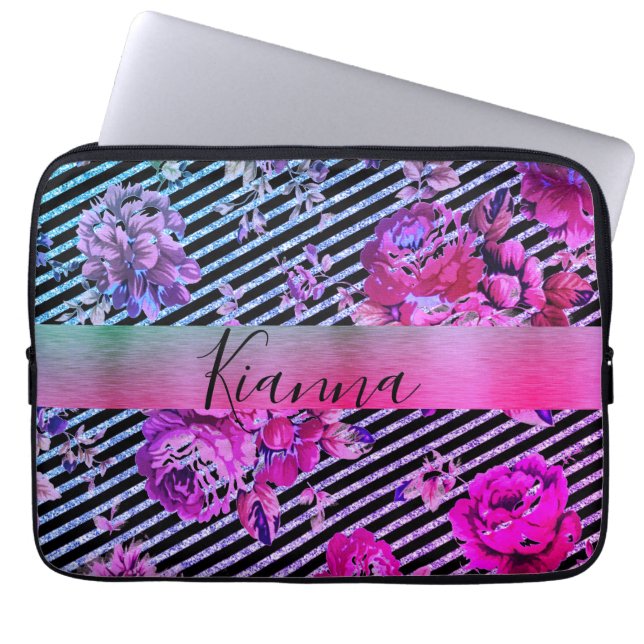 Funda Para Portátil Floral Verde azulada rosa Purpurinoso a rayas (Frente)