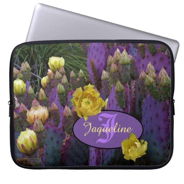 Funda Para Portátil Flores amarillas de cactus púrpura monograma perso (Frente)