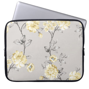 Funda Para Portátil flores amarillas lindas con un patrón de hojas gri