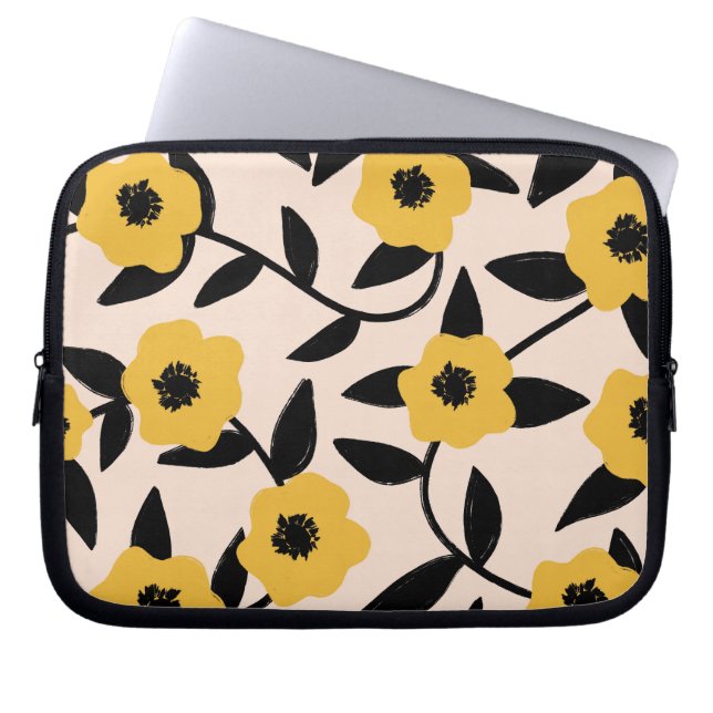 Funda Para Portátil Flores amarillas modernas patrón de hojas negras (Frente)