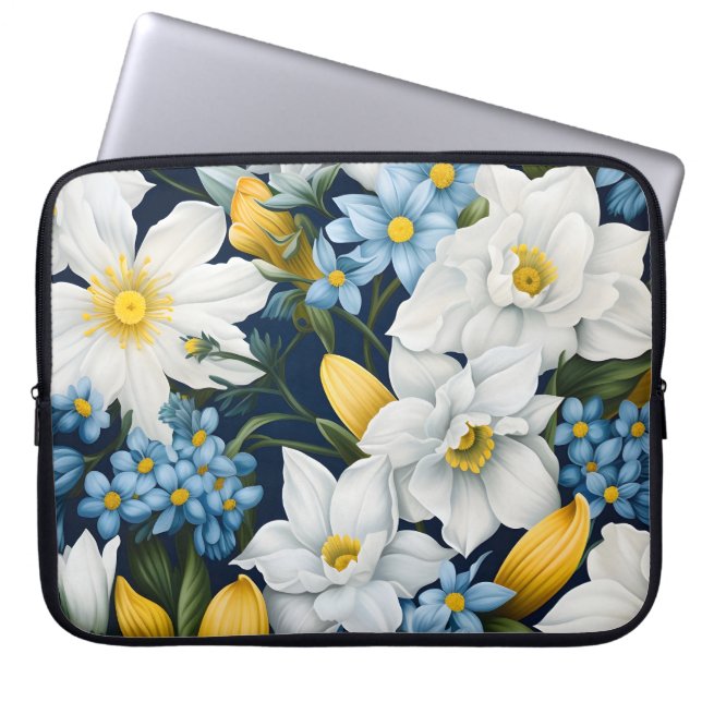 Funda Para Portátil Flores azules blancas (Frente)