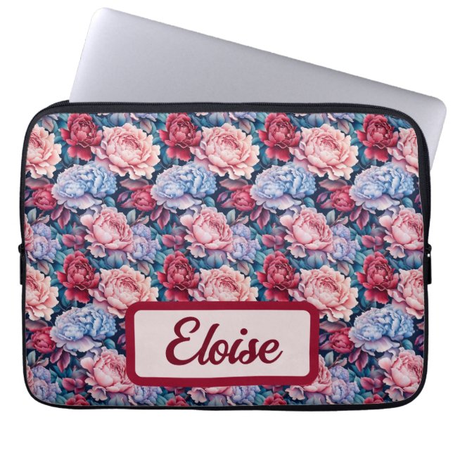 Funda Para Portátil Flores azules y rosas personalizadas (Frente)
