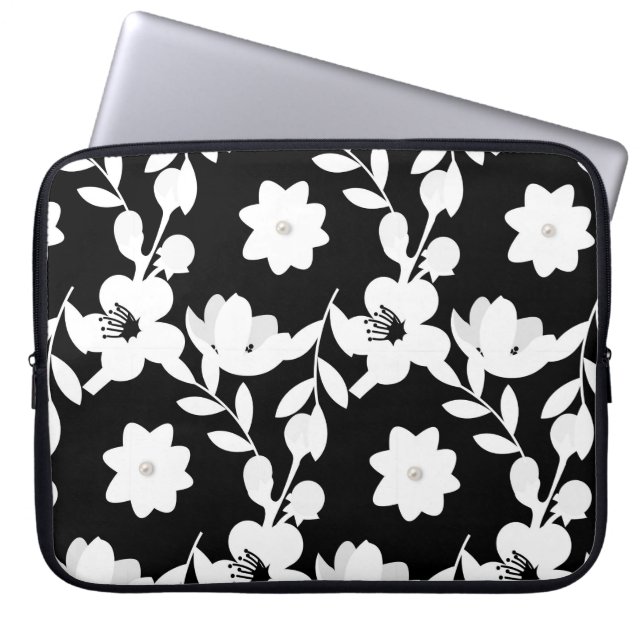 Funda Para Portátil Flores blancas con perlas en negro (Frente)