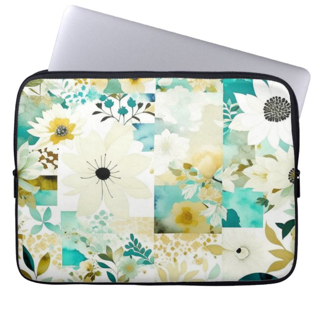 Funda Para Portátil Flores blancas y turquesas de arte folclórico boni (Frente)