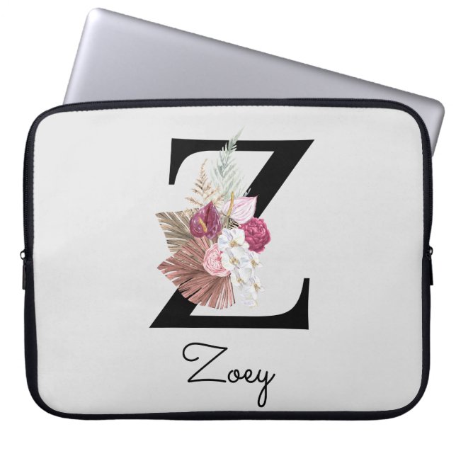 Funda Para Portátil Flores Boho Monogramadas Inicial Z (Frente)