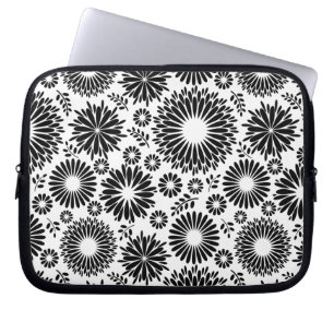 Funda Para Portátil Flores Boho Patrón floral vectorial negro y blanco