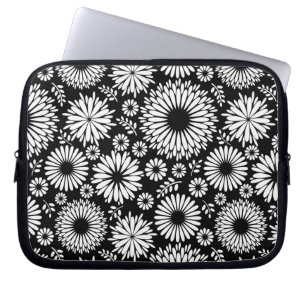 Funda Para Portátil Flores Boho Patrón floral vectorial negro y blanco