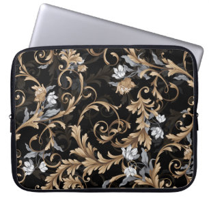 Funda Para Portátil Flores clásicas barrocas: fondo negro.