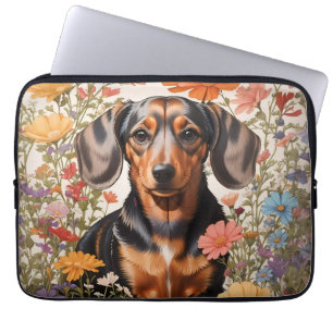 Funda Para Portátil Flores Cute Brown Dachshund Y Cosmos
