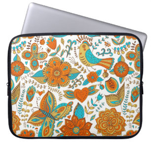 Funda Para Portátil Flores de aves retro coloridas y patrón de maripos
