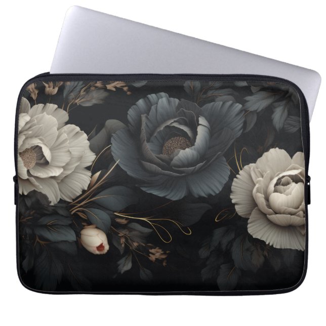 Funda Para Portátil Flores de blanco y negro (Frente)