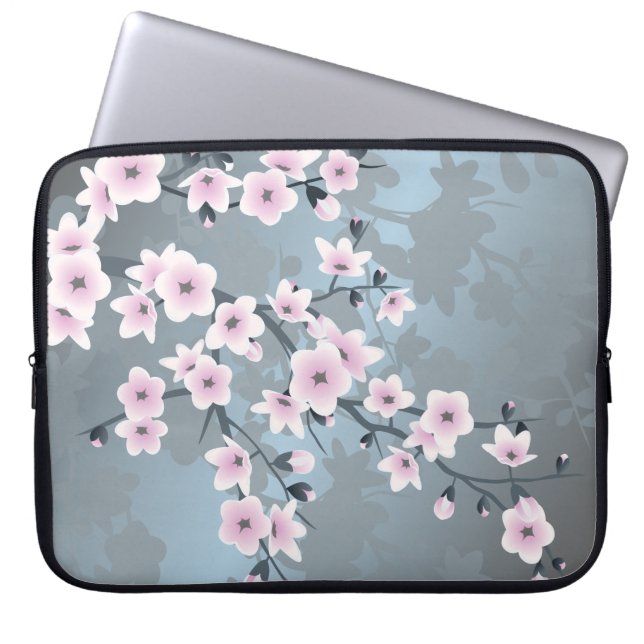 Funda Para Portátil Flores de cerezo azul grisáceo rosado (Frente)
