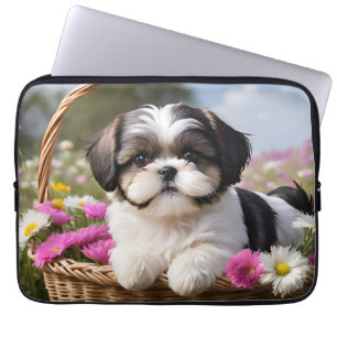 Funda Para Portátil Flores de cesta de cachorros Shih Tzu