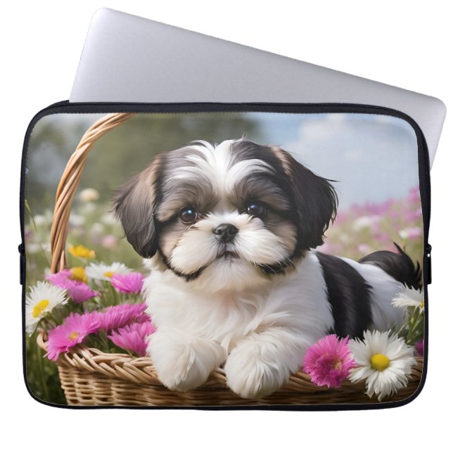 Funda Para Portátil Flores de cesta de cachorros Shih Tzu (Frente)