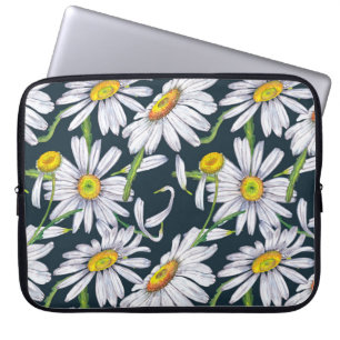 Funda Para Portátil Flores De Chamomile: Acuarela Azul Oscuro.