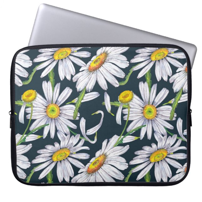 Funda Para Portátil Flores De Chamomile: Acuarela Azul Oscuro. (Frente)