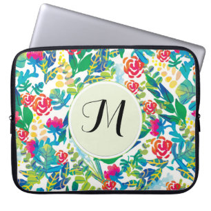 Funda Para Portátil Flores de color de agua de la jungla Monograma fin