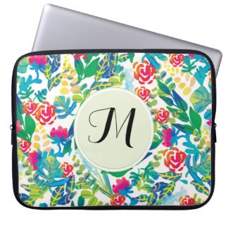 Funda Para Portátil Flores de color de agua de la jungla Monograma fin