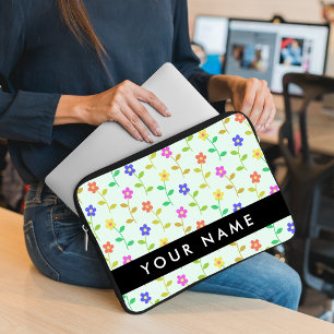 Funda Para Portátil Flores de colores, fondo verde claro, negro