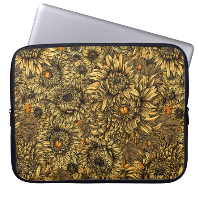 Funda Para Portátil Flores de crisantemo amarillo y escarabajos naranj (Frente)