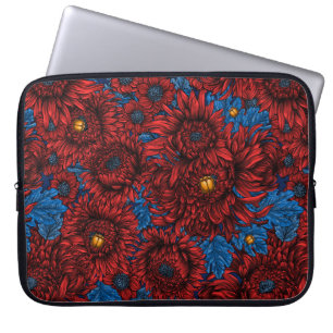 Funda Para Portátil Flores de crisantemo rojo y escarabajos naranjas