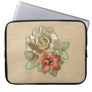 Funda Para Portátil Flores de cuero en crema Ante