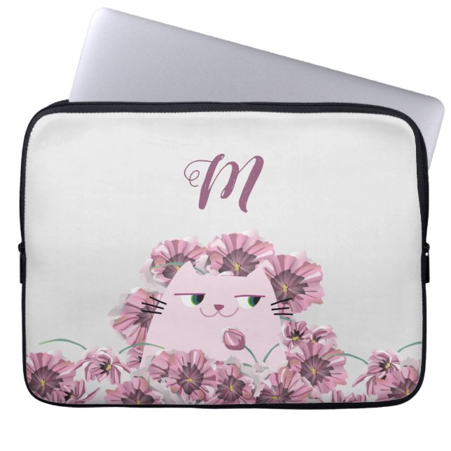 Funda Para Portátil Flores de gato y morado monogramadas (Frente)