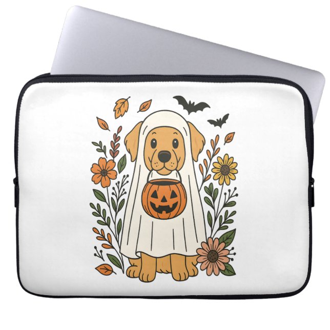 Funda Para Portátil Flores de Halloween Golden Retriever (Frente)