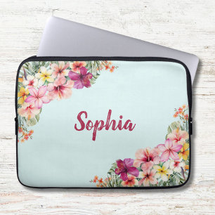 Funda Para Portátil Flores de Hibisco Rosa Monograma Floral Tropical