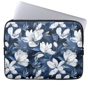 Funda Para Portátil Flores de magnolia blanca, fondo azul