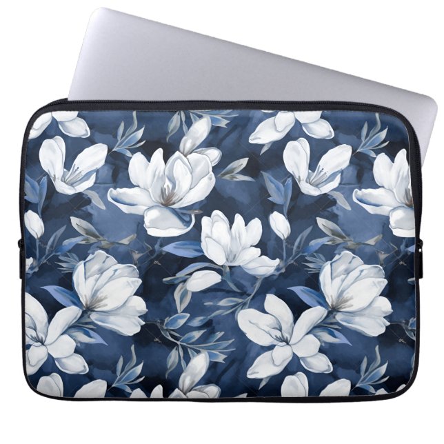 Funda Para Portátil Flores de magnolia blanca, fondo azul (Frente)