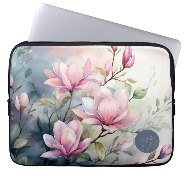 Funda Para Portátil Flores de Magnolia Rosa Botánico Monogramado (Frente)