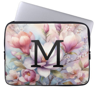 Funda Para Portátil Flores de magnolia rosada en monograma