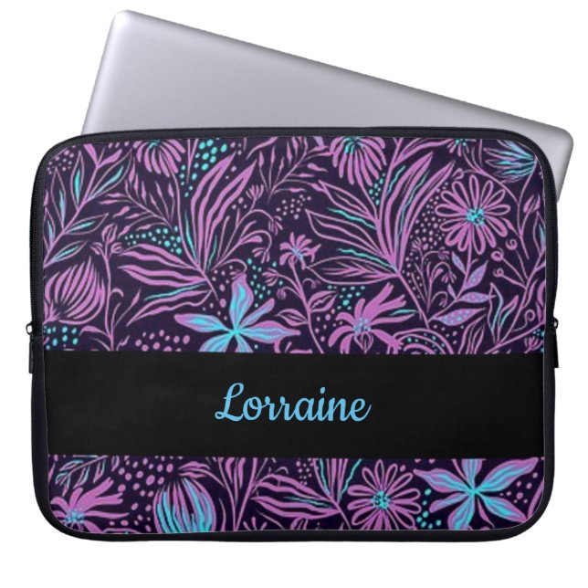 Funda Para Portátil Flores de neón azules y violetas (Frente)