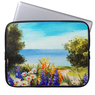 Funda Para Portátil flores de pintura al óleo cerca del mar, campo de
