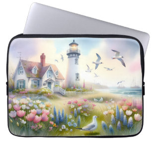 Funda Para Portátil Flores de primavera junto a la cabaña costera del 