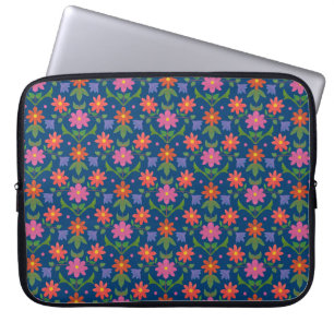 Funda Para Portátil Flores de rangoli, puntos de polka en manga azul p