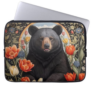 Funda Para Portátil Flores de tulipanes coloridas del oso negro
