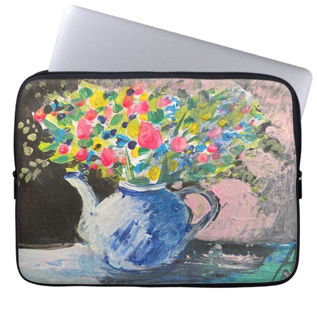 Funda Para Portátil Flores en una tetera, estilo boho (Frente)